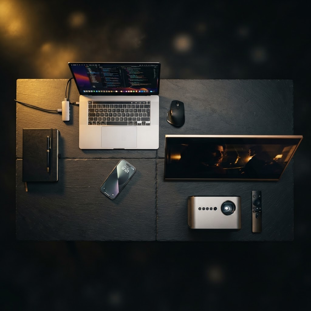 Ibikoresho by'ikoranabuhanga: laptop, smartphone, televisiyo na projector